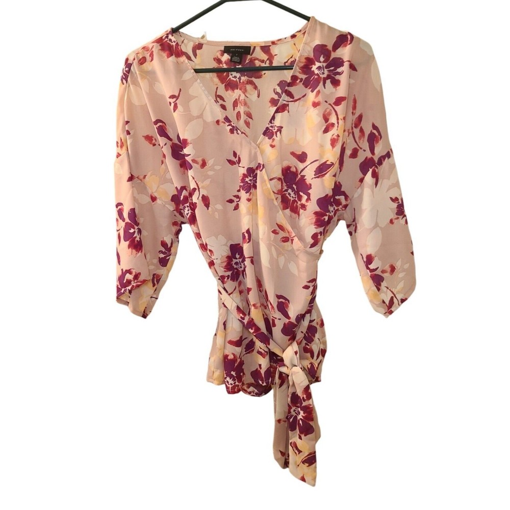 Halogen Blouse Women Size 1 Silk Pink Floral Long Sleeve Wrap Front Belted